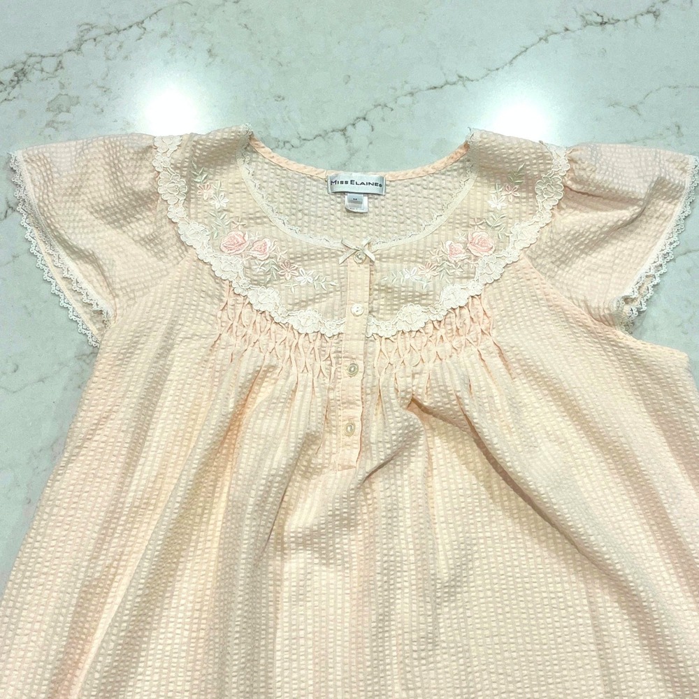 Miss Elaine Nightgown Womens M Peach Seersucker Floral Lace Embroidered Cottage